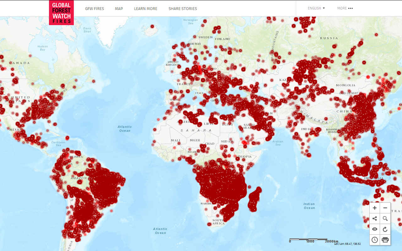 Global forest fires watch NASA map of the world