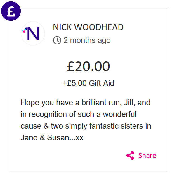 Nick Woodhead gave £50 to Jill Finn's race for life