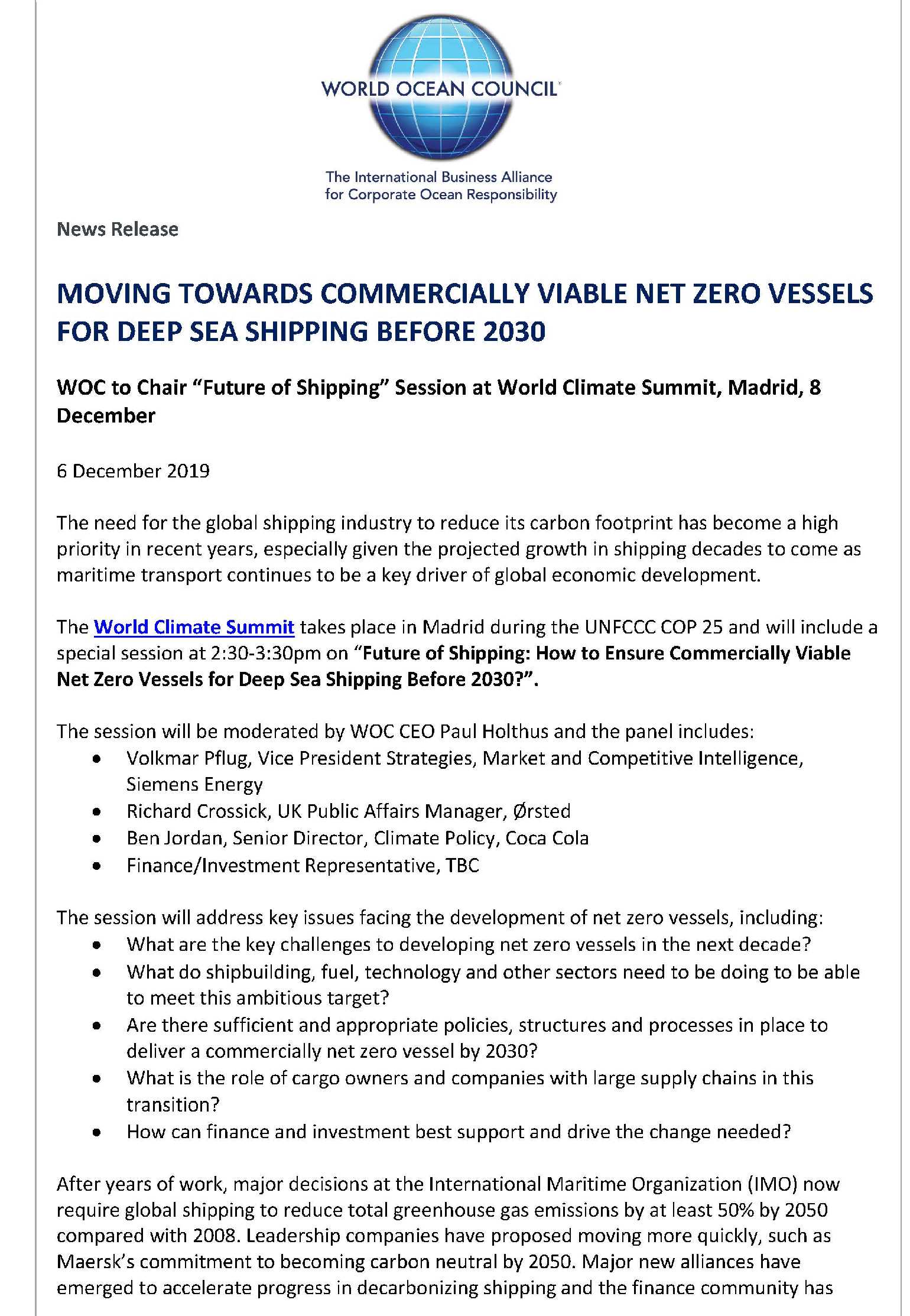 World Ocean Council moving to net zero carbon vessels before 2030