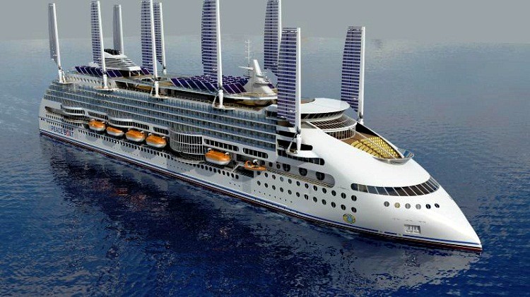 Solar and wind powered cruise ship with wing sails