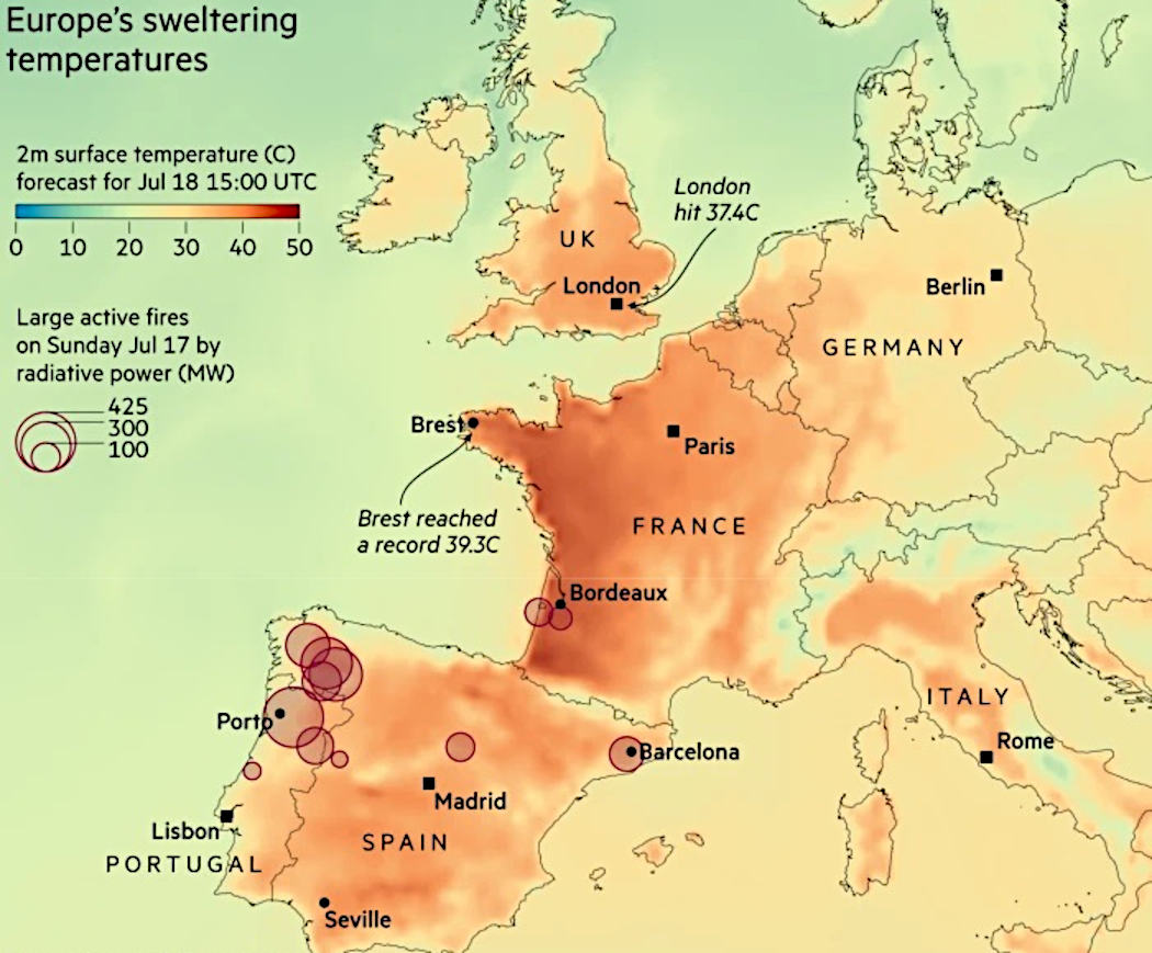 Map of the heatwave in Europe 17 July 2022