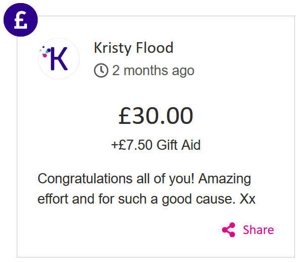 Kristy Flood gave £30 pounds to Jill Finn's race for life