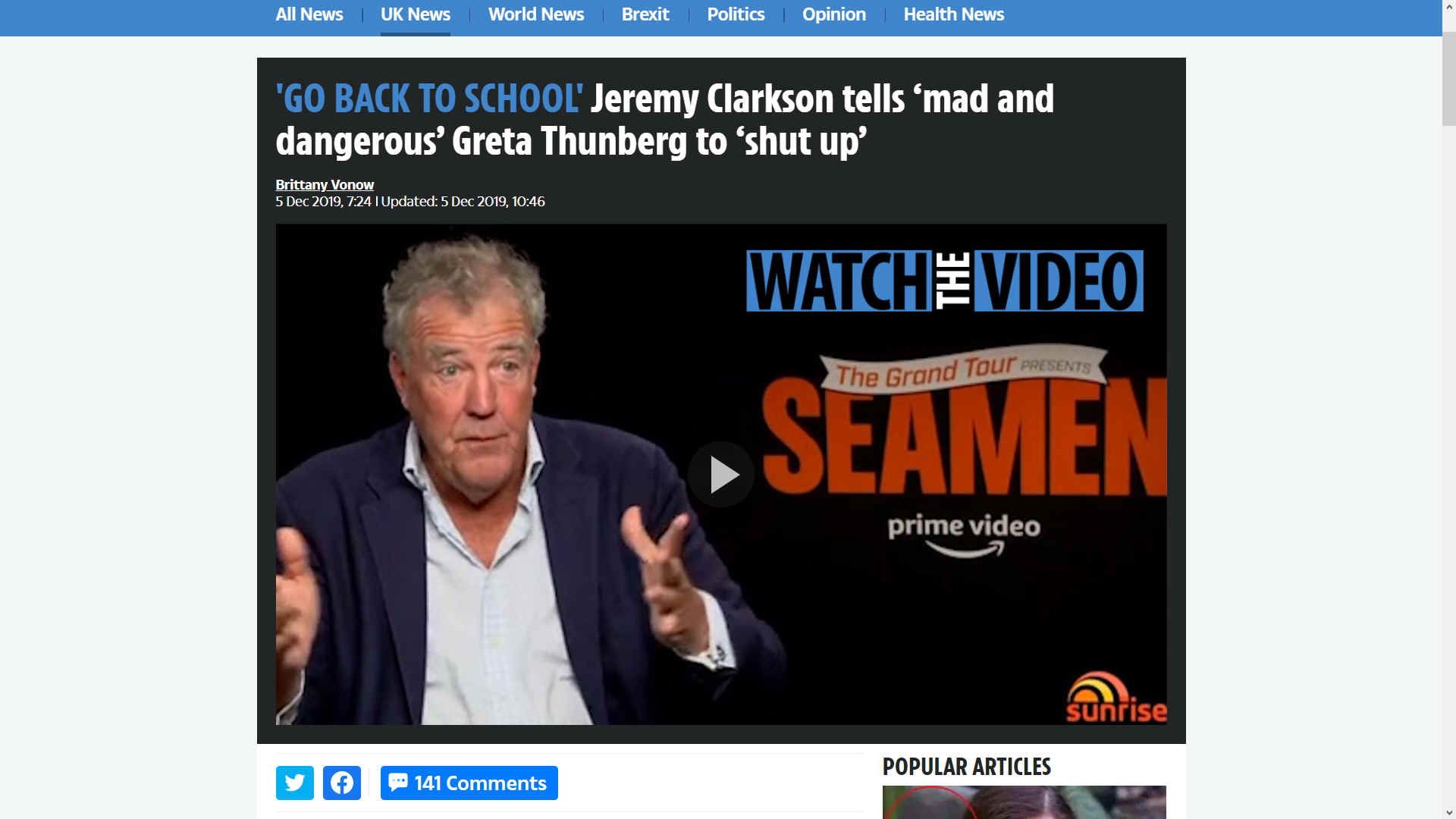 Jeremy Clarkson tells Greta Thunberg to go back to school