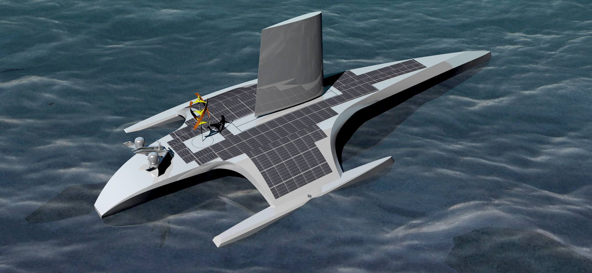 Original crowdfunder 100 foot solar wind powered trimaran