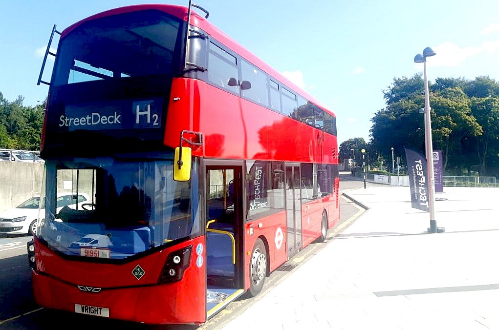 Hydrogen powered red double decker electric bus