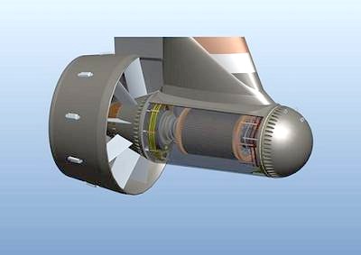 Electric pod drive with stators blades ahead of propellers