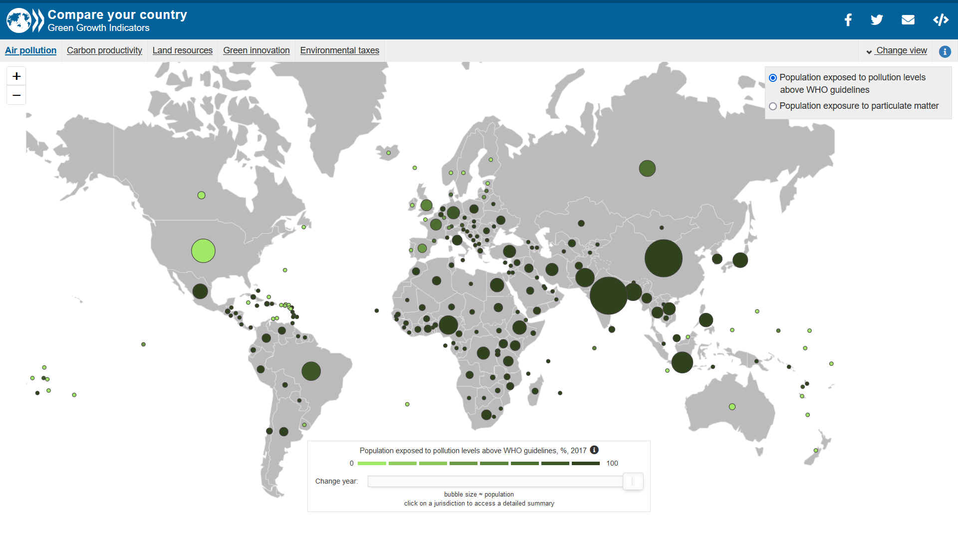 Map of the world showing population exposed to air pollution above WHO levels