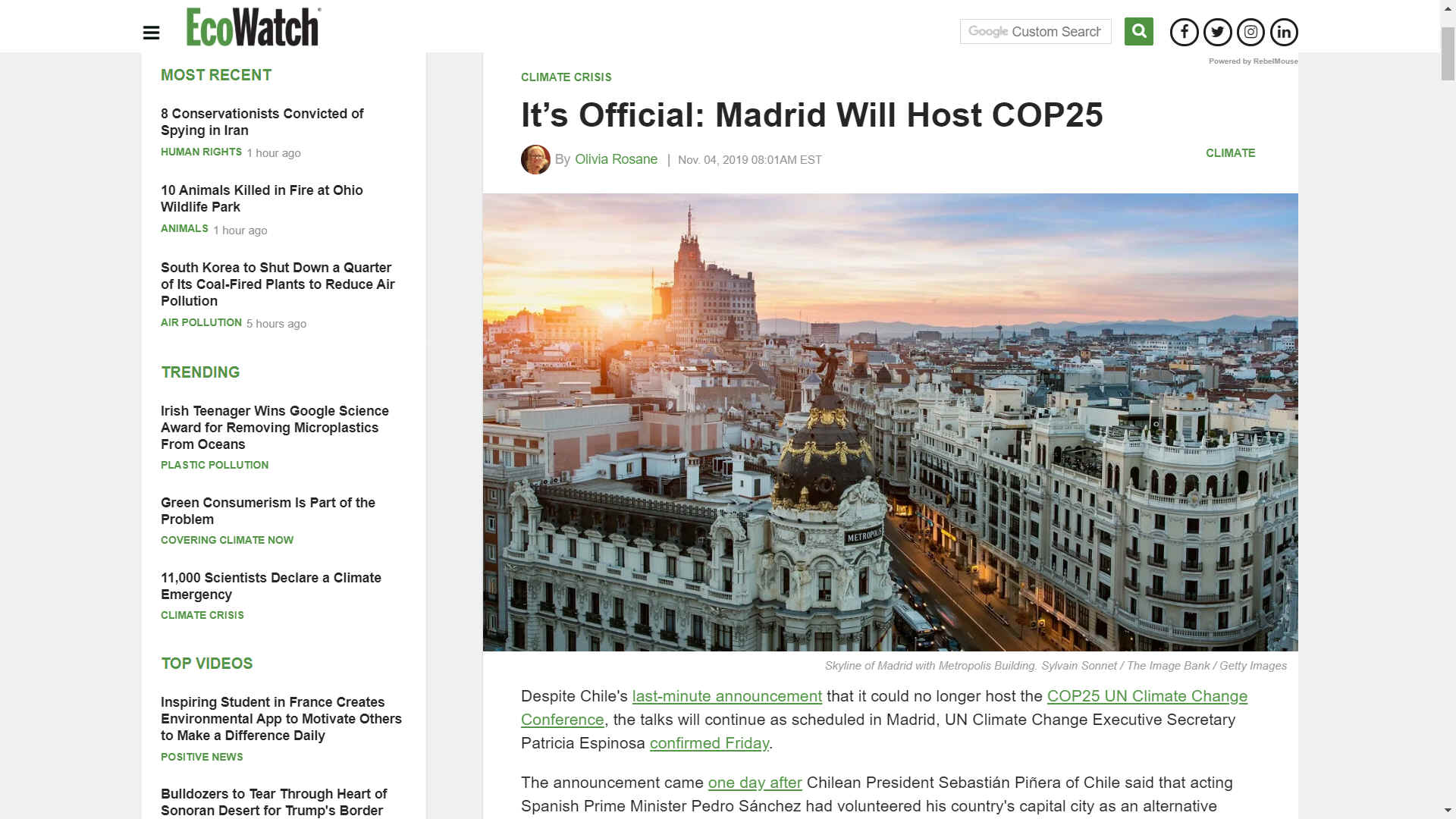 Madrid to host climate change talks COP 25 in December 2019